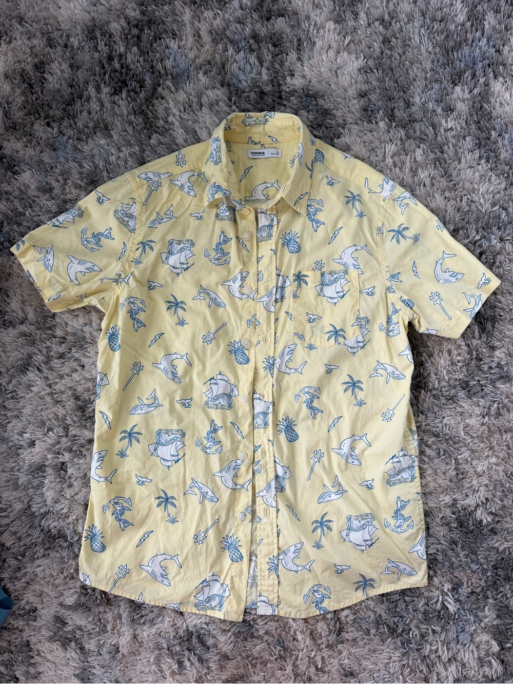 Sonoma Yellow Short-Sleeve Tropical Print Button-Down Shirt